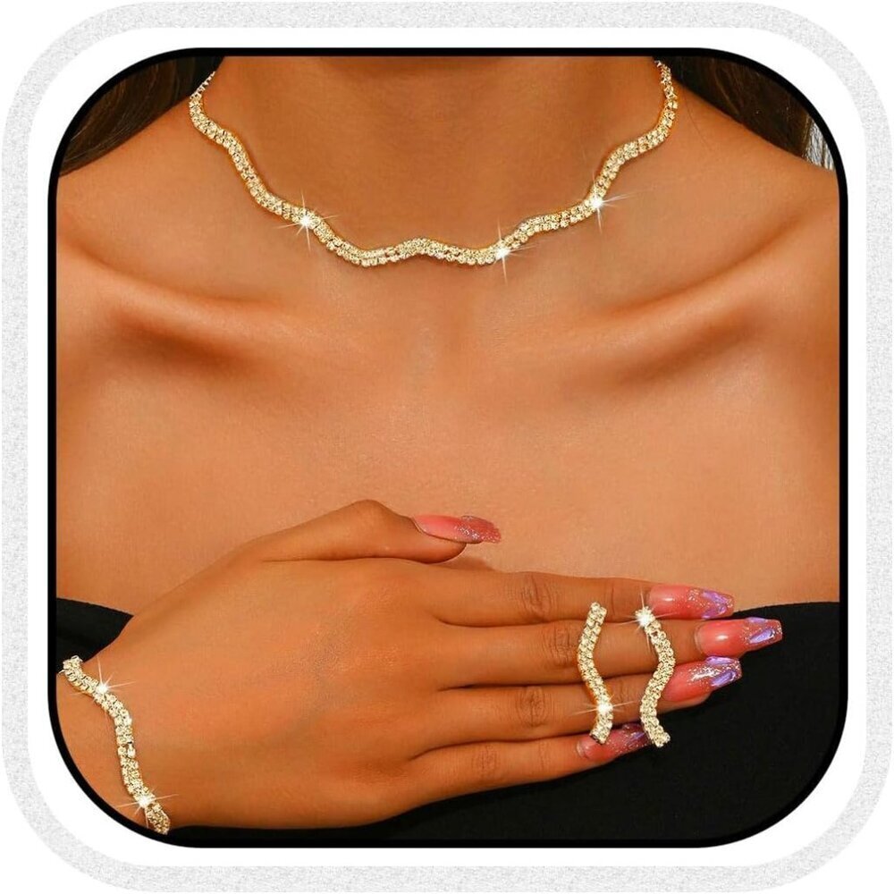 Bridal Rhinestone Jewelry Set Wedding Prom Necklace Earrings Bracelet Women